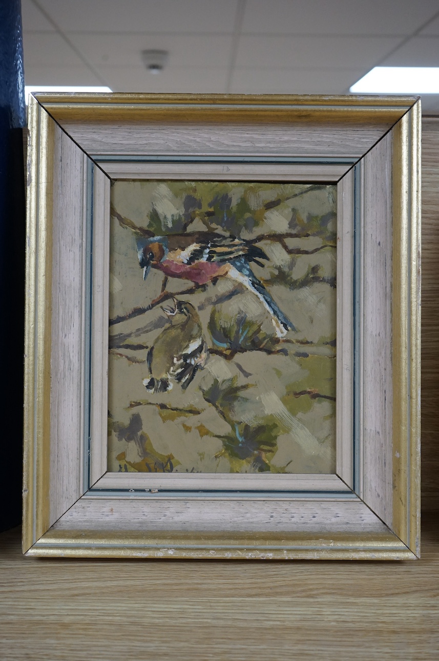 20th century, oil on board, Study of two birds on a branch, signed Edouard E R..?, 24 x 18cm. Condition - good